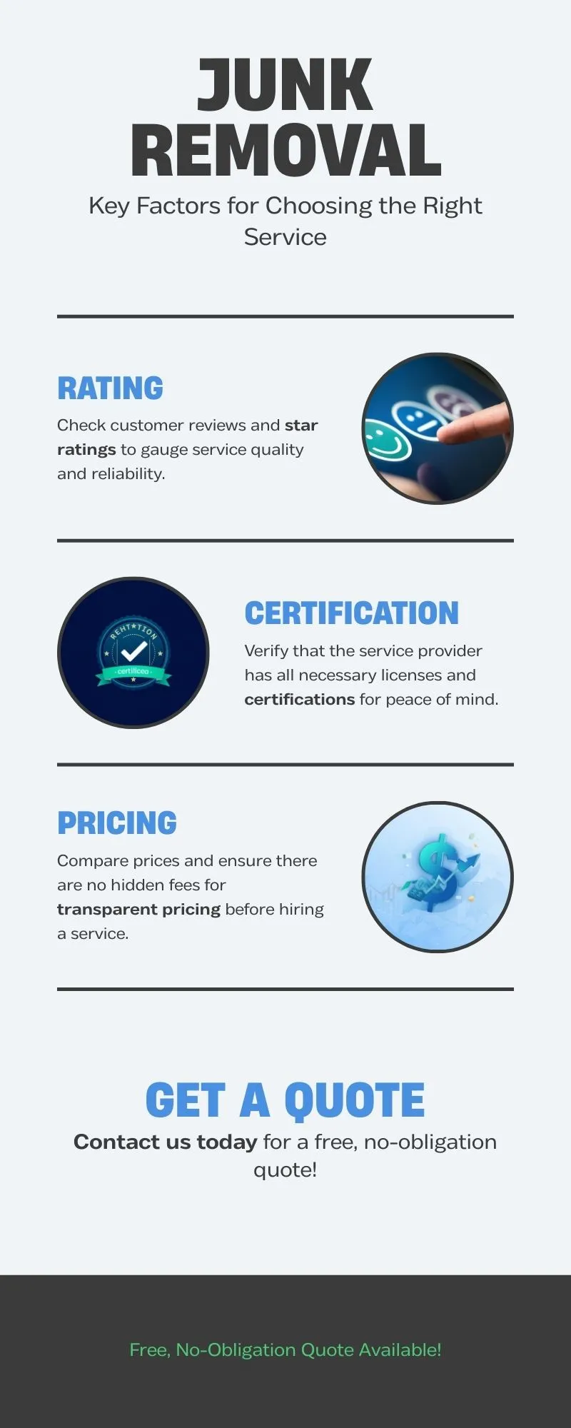 Infographic outlining the key factors to consider when choosing a junk removal service, including reputation, licensing, range of services, pricing transparency, eco-friendly practices, and professionalism.